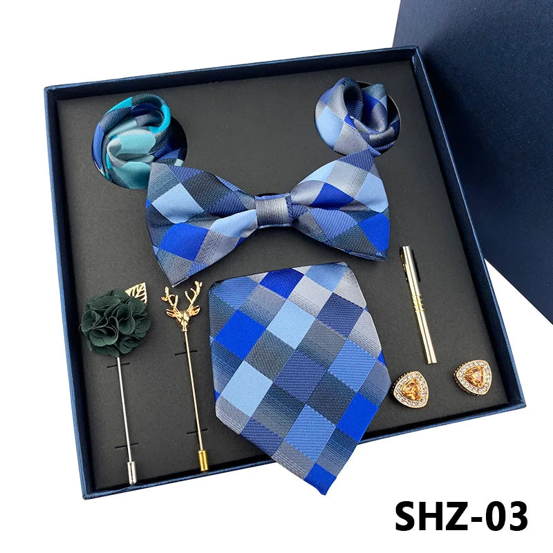 Men's Tie Set Gift Box Fashion Brand Bowtie Pocket Squares Brooch Cufflinks Clip Suit For Men Business Necktie Wedding Party Tie