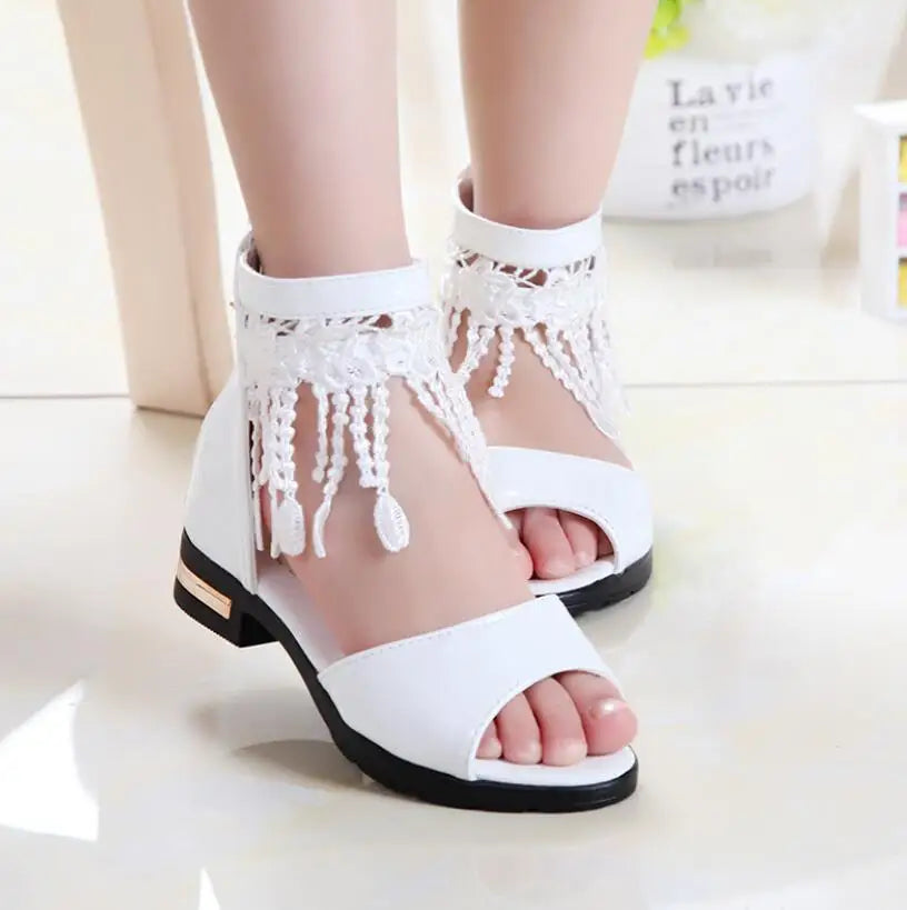 3 5 9 10 12 Years Kids Bow Sandals Children Girls Summer Cute Sandals Beach 2021 Princess Fashion High Heels Tassel School Shoes