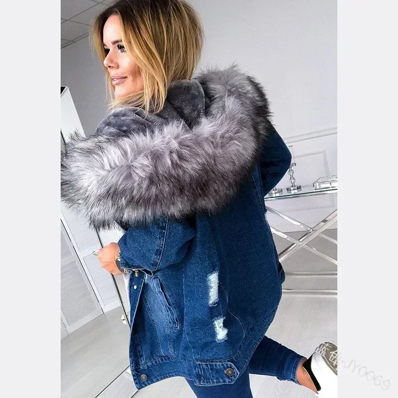 New 2024 Fashion Hooded Big Fur Collar Denim Jacket Women Casual Warm Mid-length Ripped Coat Denim Jacket for Women Denim