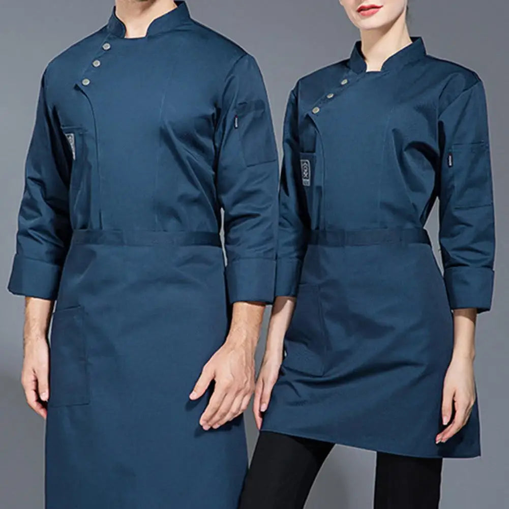 Men Women Chef Uniform Stand Collar Single-breasted Pocket Restaurant Uniform Waterproof Anti-dirty Bakery Food Chef Tops