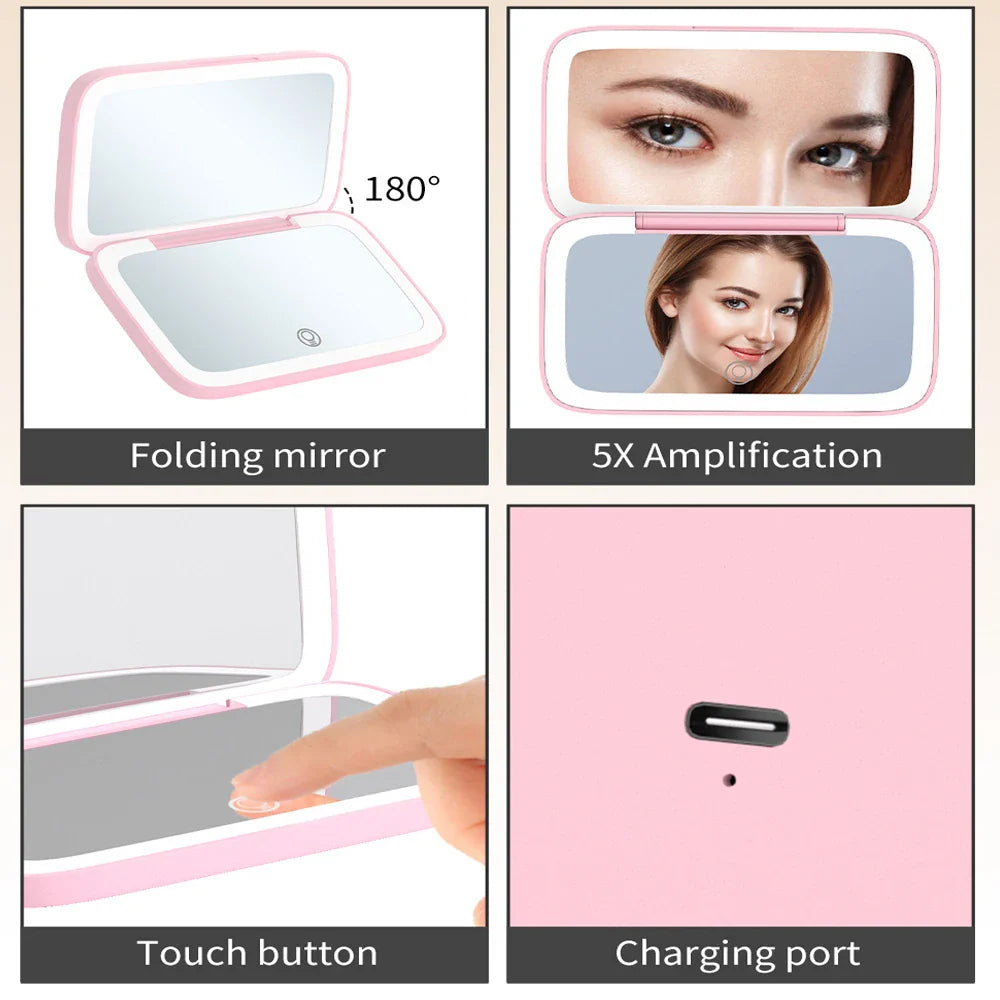 2-Sided LED Rechargeable Makeup Mirror with 5X Magnifying Compact Pocket Travel Aesthetic Vanity Mirrors Make Up Cosmetic Tools