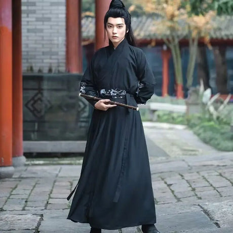 Large Size 4XL Hanfu Men Chinese Traditional Cosplay Costume Halloween Cos Costume Ancient Hanfu Black&Red Shirt+Skirt Sets