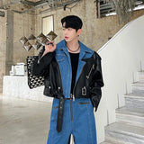 NOYMEI Irregular Washed Denim Patchwork Lapel Short Jacket Wide Leg Pants Men's Twp Pieces Set Autumn 2024 New Male Suits WA3009