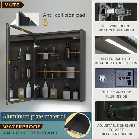 KWW 20 x 28 Inch LED Lighted Bathroom Medicine Cabinet, Defogger, Dimmable, 3 Color Light Makeup Mirror, Outlets & USBs