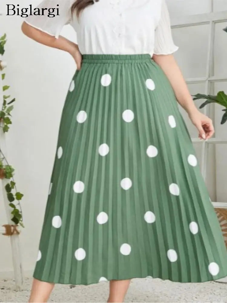 Plus Size Spring Midi Polka Dot Print Skirt Women Ruffle Pleated Loose Modis Office Ladies Skirts Elastic High Waist Woman Skirt