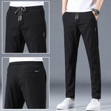 Ice Silk Men's Pants 2024 Summer New Black Gray Thin Business Casual Pants Outdoor Elastic Breathable Straight Leg Sweatpants