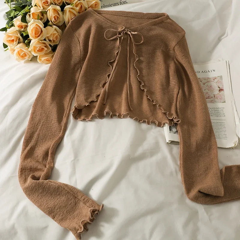 Women Frenum Cardigan Blouses and Tops Bow Lace Up Long Sleeve Crop Top Female Elegant Shirt Thin Aesthetic Clothes Korean Style