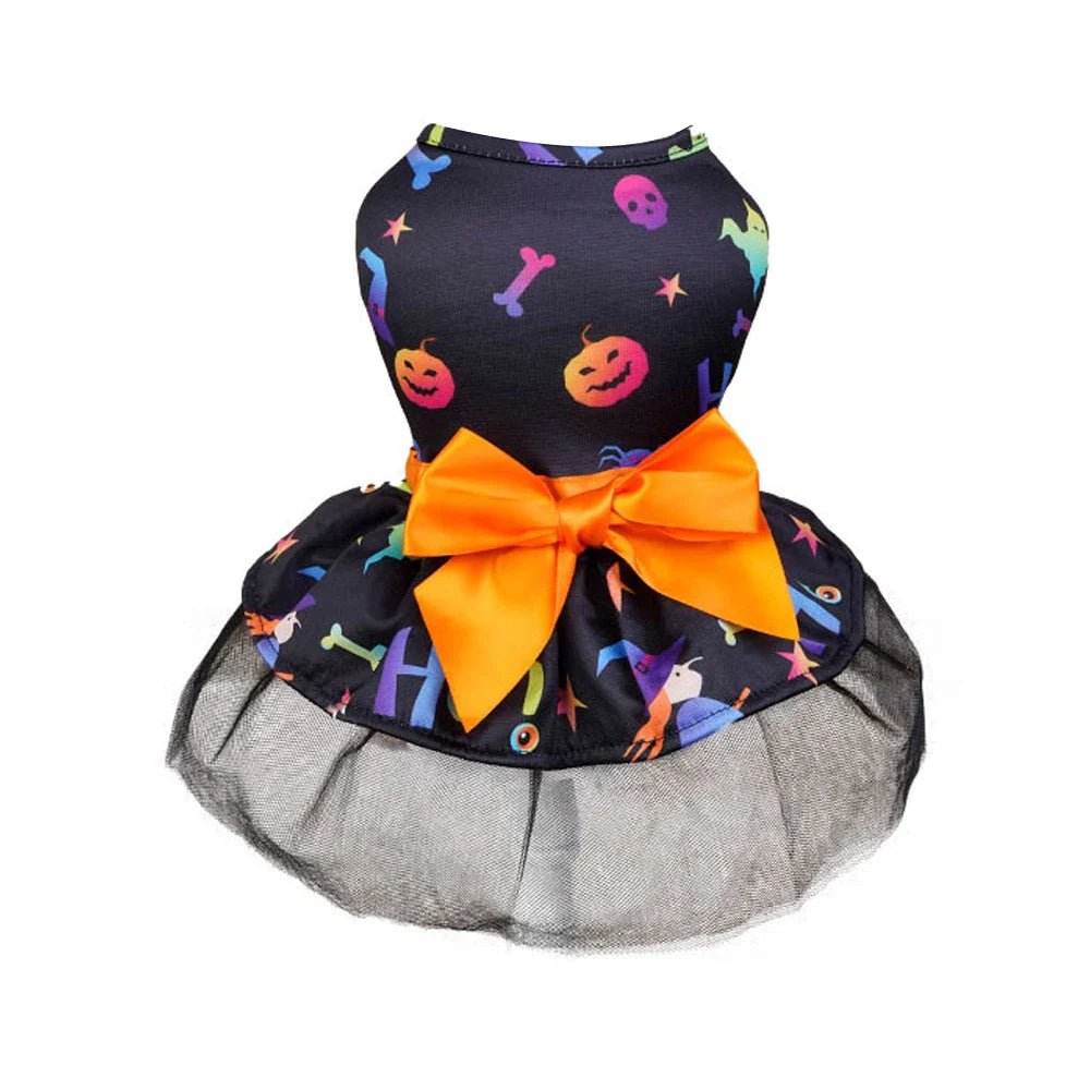 Halloween Dog Dress Halloween Costume Festival Puppy Dress Skirt Pumpkin Head Printed Pet Cosplay Party Apparel for Yorkie