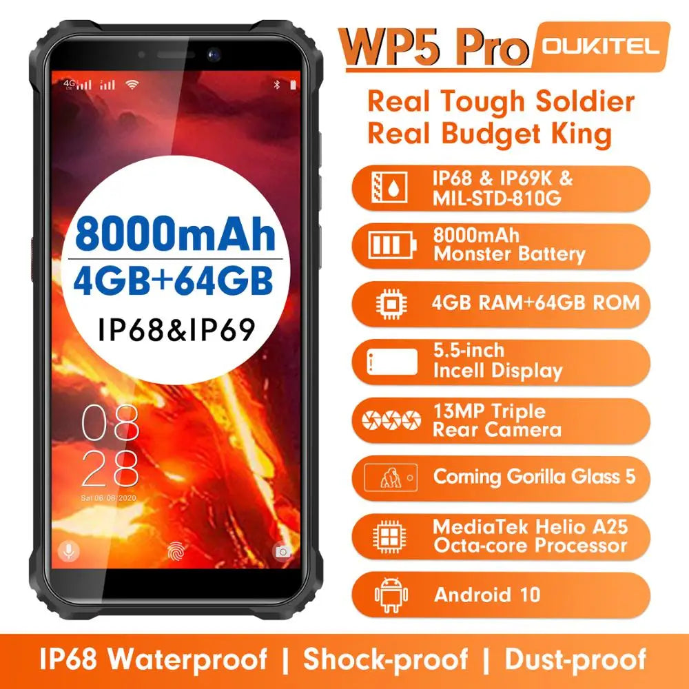 OUKITEL WP5 Pro IP68 Rugged Smartphone 4GB 64GB 8000mAh 5.5"HD+ Octa Core Android10 Mobile Phone 13MP Triple Camera Cell Phone