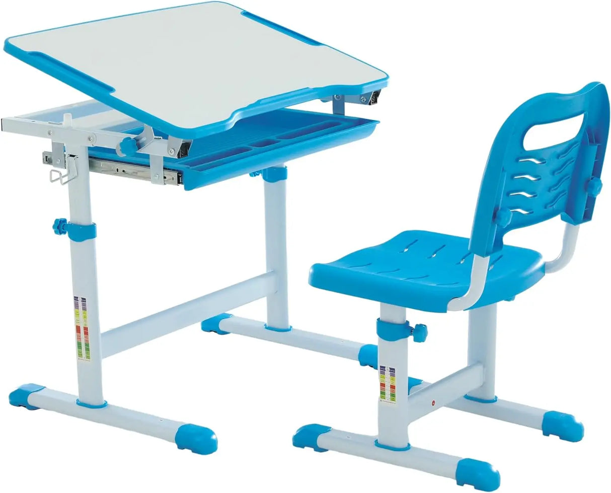 Kids Multifunctional Desk and Chair Set, Height Adjustable Children School Study Desk with Tilt Desktop, Metal Hook and Storage