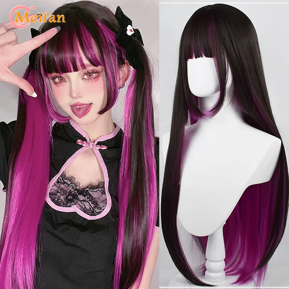 MEIFAN Synthetic Long Straight Lolita Wig with Bangs Wig Girl Cute Mixed Black Red Blonde Cosplay Party Halloween Harajuku Wig