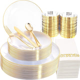 350PCS Gold Disposable Dinnerware Set for 50 Guests, 150 Gold Plastic Silverware, 50Cups, Napkins