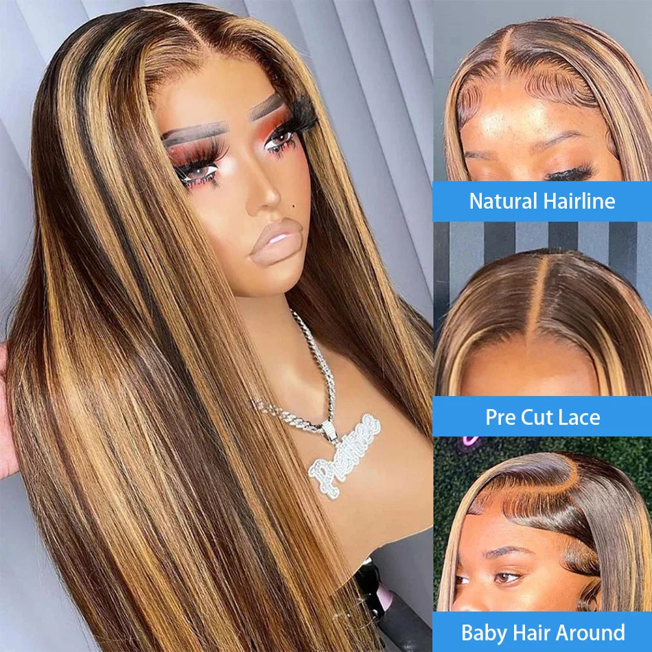 180 Density 30 Inch Highlight Honey Brown Curly Lace Front Human Hair Wig 13x4 Ombre Colored Straight Lace Frontal Wig For Woman