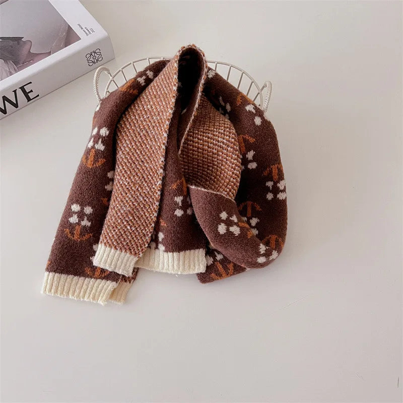 deer jonmi Korean Style New Winter Children Knitted Scarves Plaid Printed Retro All-match Toddlers Kids Warm Shawl