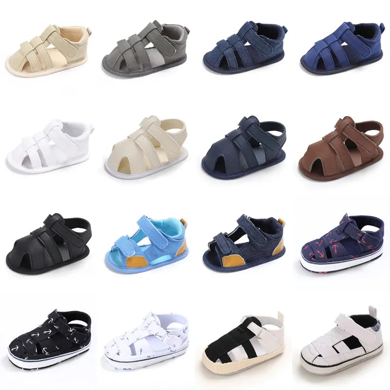 2023Brand NEW 0-18Months Kids Newborn Baby Boys Fashion Summer Soft Crib Shoes First Walker Anti Slip Sandals Shoes Soft Sole