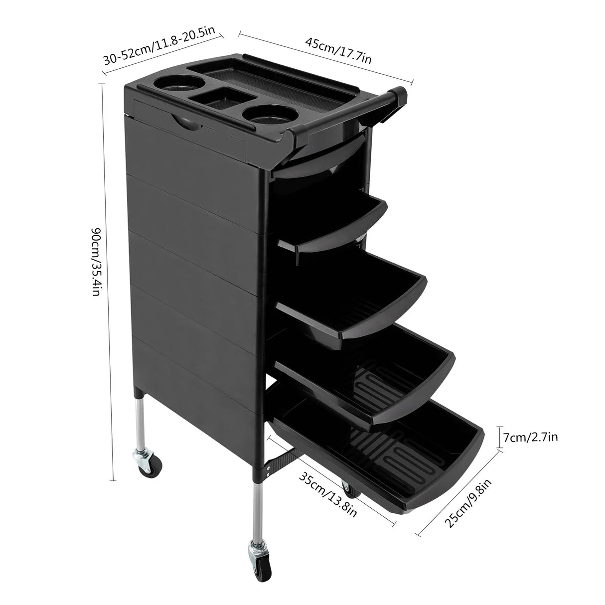 Salon Trolley with Handle and Rolling Wheels 5 Drawers and 2 Hair Dryer Holder Side Tray