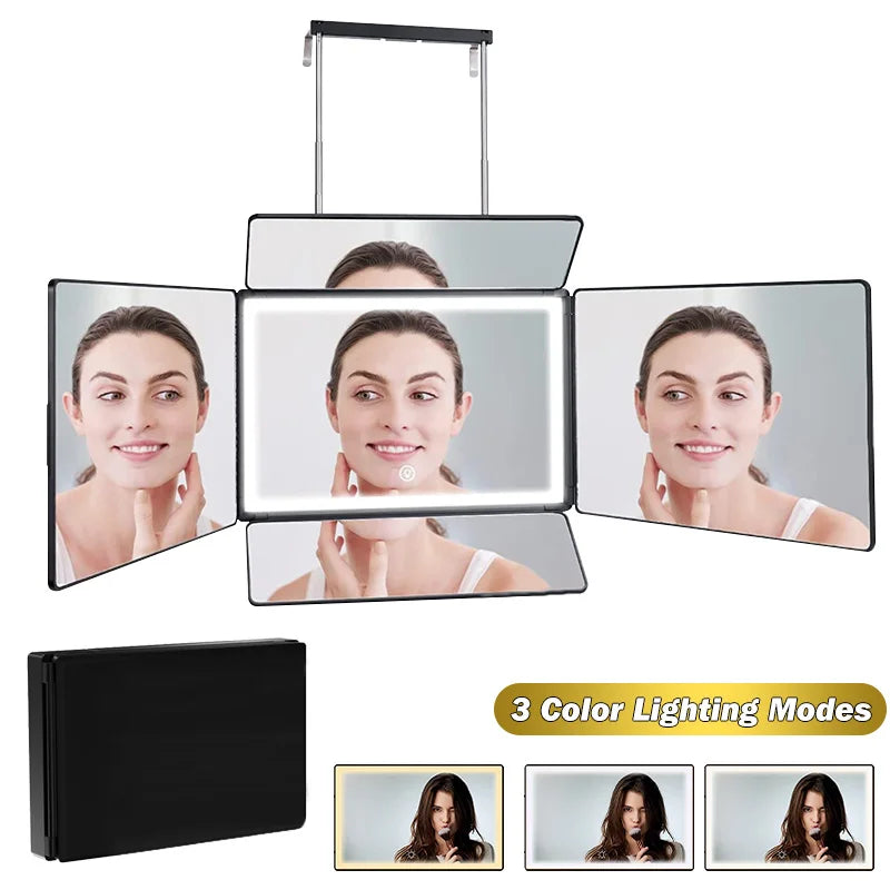 3 Way Mirror for Self Hair Cutting 360° Mirror with LED Lights, Trifold Self Haircut Mirror Rechargeable with Height Adjustable