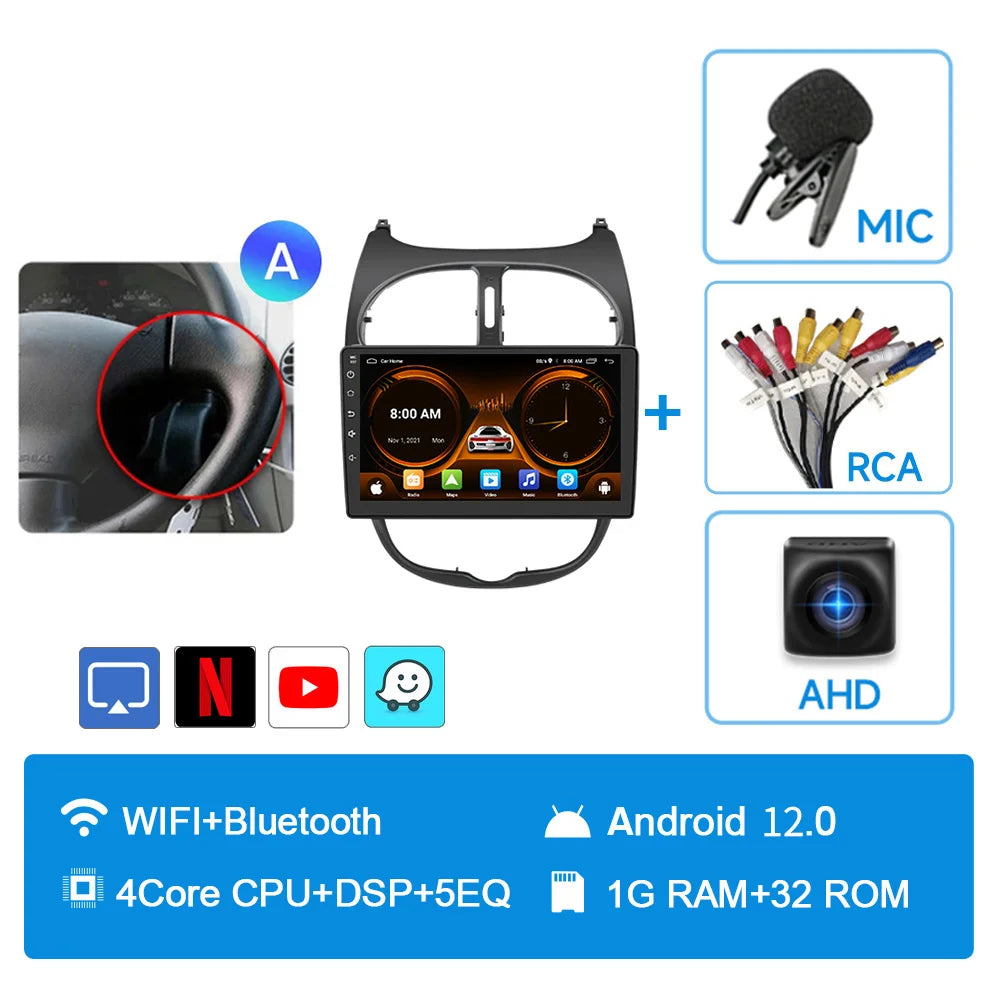 JIUYIN Car Radio For Peugeot 206 206CC 206SW 2001 - 2008 wireless CarPlay Android Auto car intelligent systems No 2 din 2din DVD