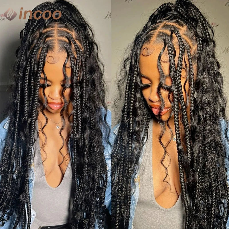 Boho Box Braided Wigs Curly Hair Full Lace Front Wigs for Women Goddess Locs Braid Wig Burgundy Bohemian Box Braid Synthetic Wig