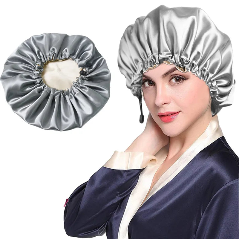 Ladies Satin Nightcap Solid Color Simple Drawstring Adjustable Hair Care Bandana Double Sided Shower Cap Chemo Head Cover