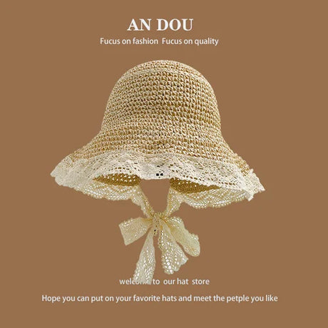 Spring Summer Korean Sweet Big Brim Straw Sun Hat Women Seaside Sunshade Sunscreen Straw Bucket Hat Basin Hat