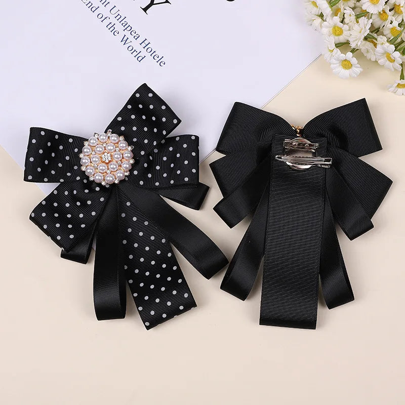 Korean Bow Tie Brooch Women's College Style Bank Suits Shirt Accessories Gifts Fabric Ribbon Crystal Pearl Collar Flowers Pins