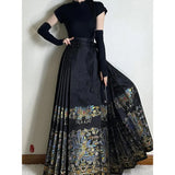 Chinese Style Traditional Pleated Skirt For Women Black Mamianqun Hanfu Thin Fashion All-match DIY Lace-up Long Skirts Womenwear