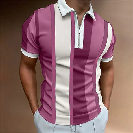 Men's Solid Color Striped Polo Shirt Short Sleeve Golf Turn-down Collar Zipper Polo Shirt&for Men Casual Streetwear Summer Tops