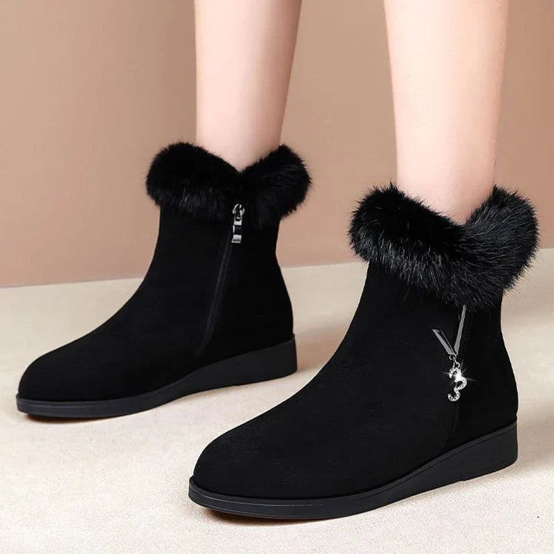 Women Flats Shoes Platform Fur Crystal Luxury Chelsea Ankle Boots Winter 2023 New Trend Warm Short Plus Cotton Goth Snow Boots