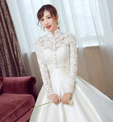 High Neck Lace Wedding Dress Jacket Capes Full Sleeve Bridal Bolero Cloak Evening Wrap Shrug Shawl Cover Up with Collar Buttons