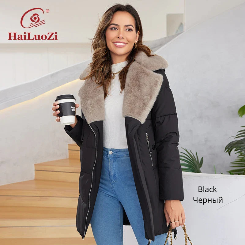 HaiLuoZi 2023 New Women's Jacket Short Warm Hooded With Fur Female Winter Outwear Slant Pockets Fashion Women Coat 1123