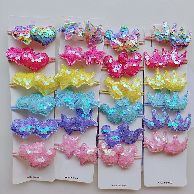 12PCS New Colorful Sequin Heart Star Crown Girls Cute Kids Elastic Hair Bands Hair Accessories Children Hair Ties Baby Headwear