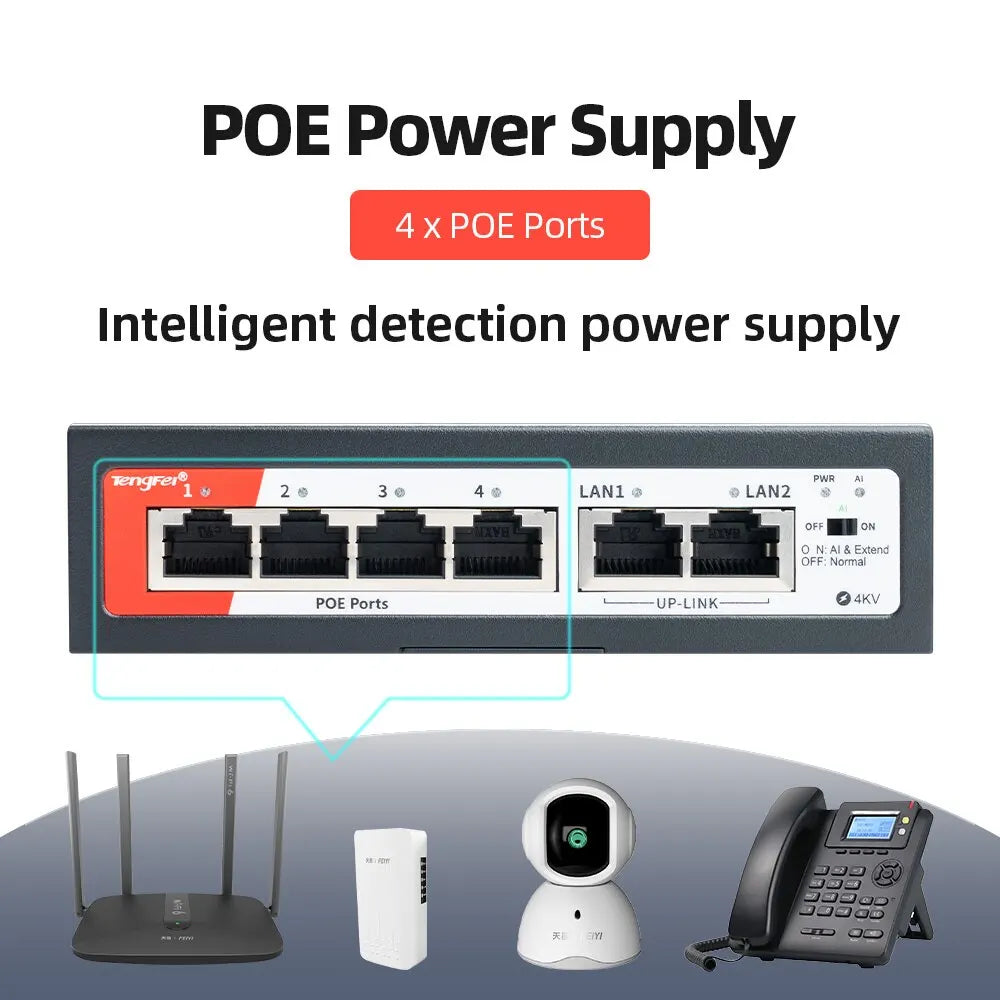 TengFei POE Switch 6Port 100Mbps Switch 4 PoE+2 UpLink With Internal Power Office Home Network Hub for IP Camera with Phone