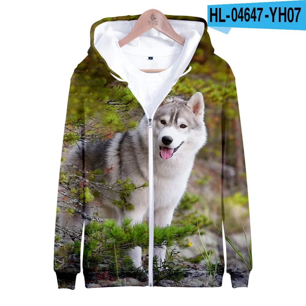 Animal Dog Husky 3D Print Zip Up Hoodie Women Men Harajuku Sweatshirt Streetwear Hip Hop Zipper Hooded Jacket Male Tracksuit