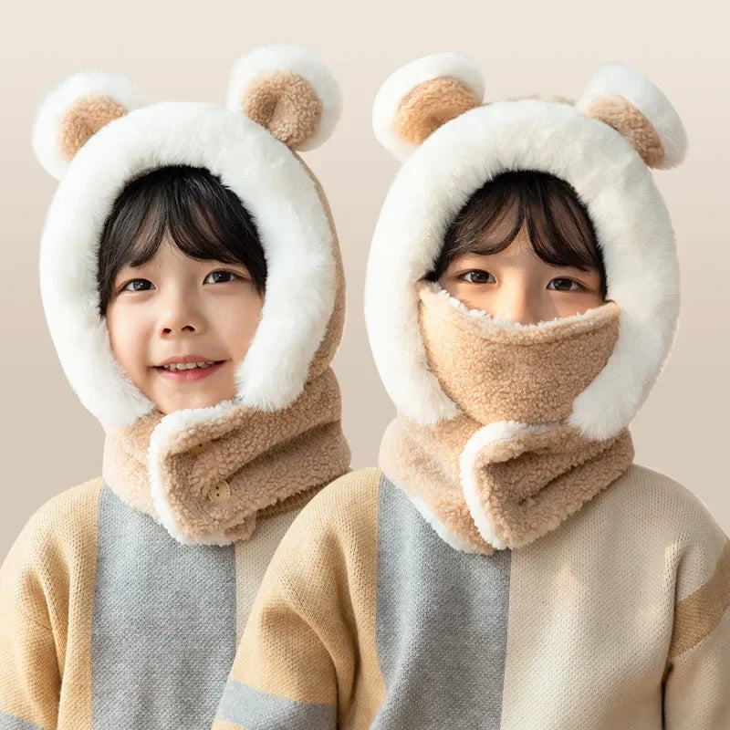 New Children's Hat Cartoon Bear Ear Flags Pullover Cap for Boys and Girls' Baby Winter Hats Scarf Kids Plush Warm Cute Fur Cap