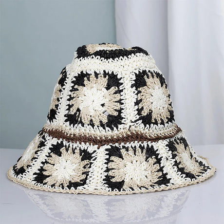 Colorful Crochet Straw Bucket Hat Handmade Knitted Flowers Beach Fisherman Hat for Women Sunshade Cap Vintage Accessories