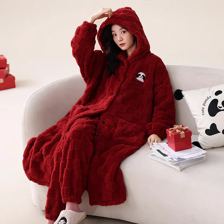 2PCS Hooded Sleepwear Thicken Warm Plush Flannel Robe Set Winter Pajamas for Couples Soft Pajama Man Cartoon Sleeping Bathrobe