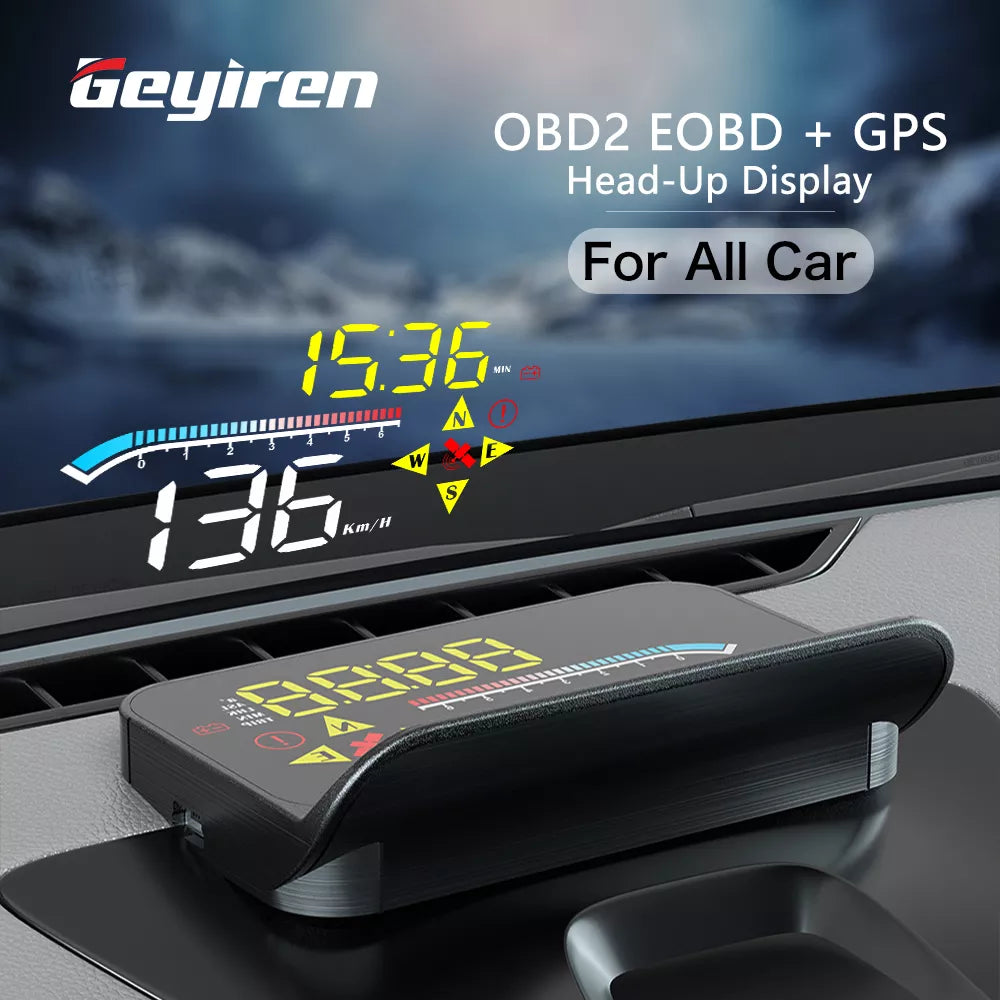 GEYIREN HUD Head Up Display Auto OBD2 GPS Dual System Projector for Car Glass Security Water temp Alarm Electronic Accessories