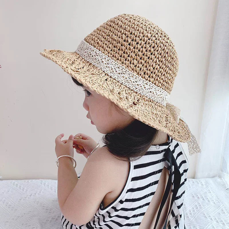 Fashion Baby Petal Brim Straw Woven Hat Sun Protection Lace Cap Kids Girls Princess Collapsible Beach Cute Infant Bucket Hats