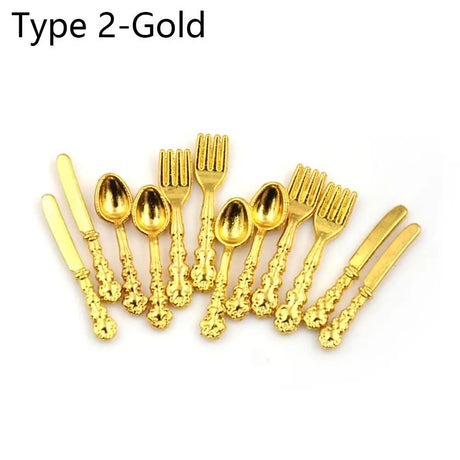 12PCS Dollhouse Furniture Gold Silver 1:12 Scale Simulation Mini Cutlery Accessory Fork Knife Spoon Miniatures Home Decor