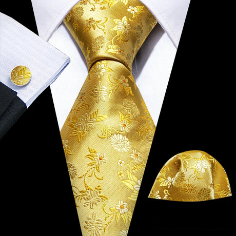 Luxury Ties for Men Gold Green Floral Silk Neck Tie Handkerchief Cufflinks Set Wedding Free Shipping Barry·Wang Tie Clip 5951