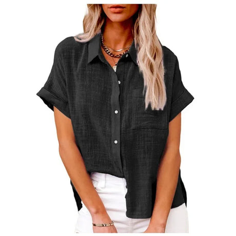 Women Blouse Shirt Casual Office Linen Solid Loose Vintage Overshirt Elegant Female Single Breasted Short Sleeved Tops Plus Size