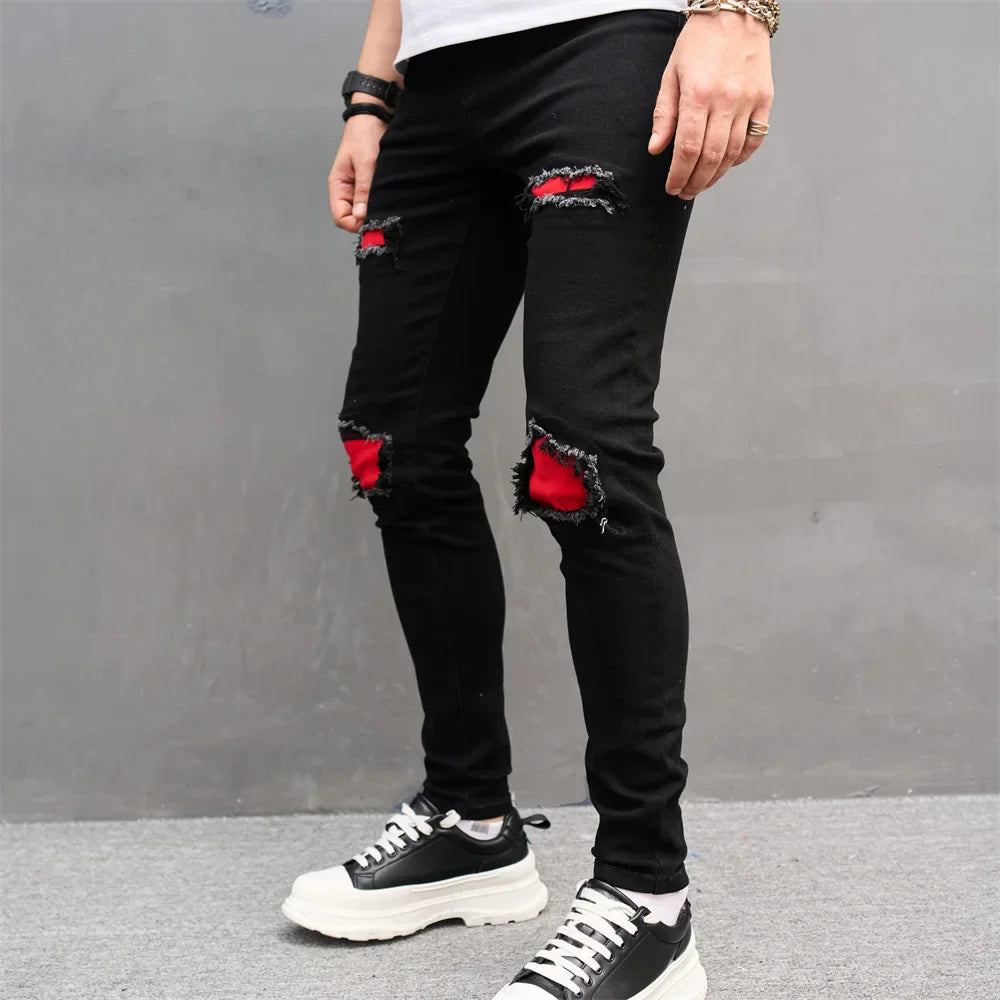 New Men Streetwear Ripped Slim Patch Stylish Jeans Trousers Male Holes Casual Denim Pants