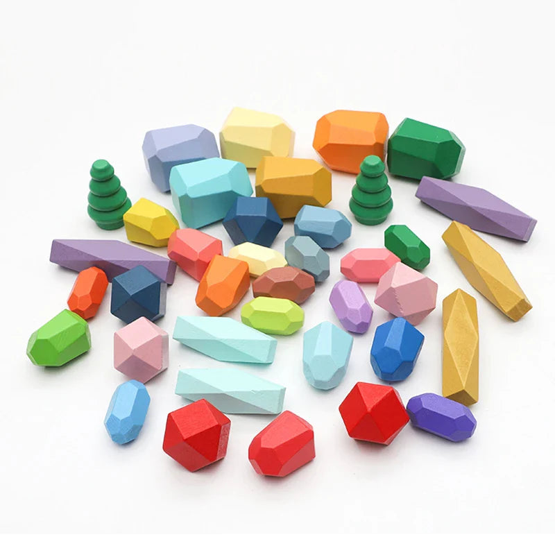 28/38pcs Wooden Rainbow Stone Building Blocks Set Balancing Stacking Game Stacker Children Montessori Educational Toys Gifts