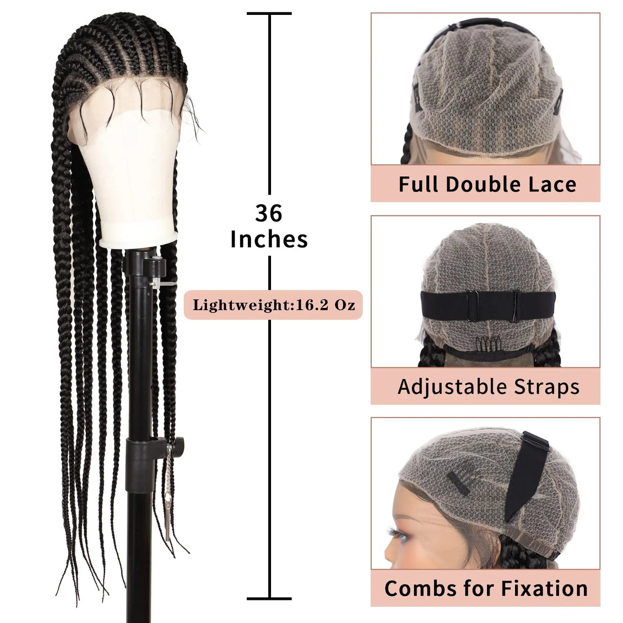 36" Embroidery Full Double Lace Braided Wigs for Women Box Braids Wig with Baby Hair Synthetic Lace Frontal Cornrow Braided Wig