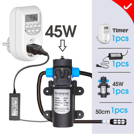 0.5MM Adjustable Spray Nozzle Automatic Irrigation Equipment 45W Pump Timer Fogging Kit for Garden Plants Misting Cooling System