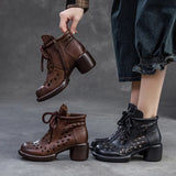 Fashion Women Thick High Heel Ankle Boots Summer Hollow Breathable Shoes Ladies Genuine Leather zipper Cool Short Boots