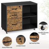 Rolling File Cabinet with 3 Drawers, Black/Rustic Brown