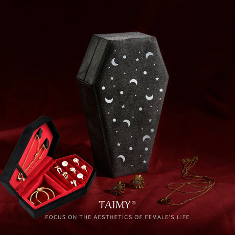 TAIMY Gothic Velvet Jewelry Coffin Shape Ring Necklace Storage Box Logo Custom Display Packaging Case Travel Hip Hop Rap Boxes