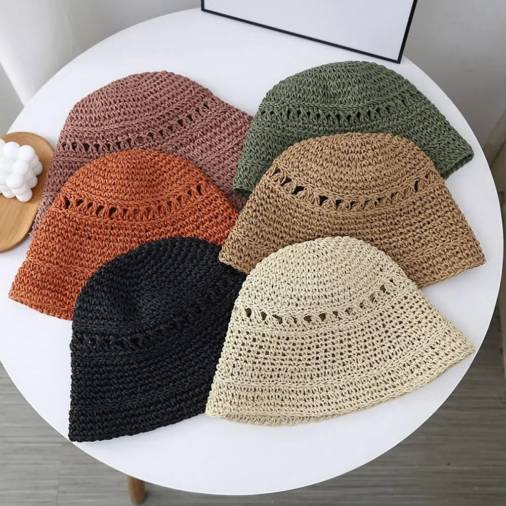 Fisherman's Hat Summer Fashion Ladies Paper Straw Bucket Hat Breathable Crochet Beach Cap Wide Brim Sun Cap